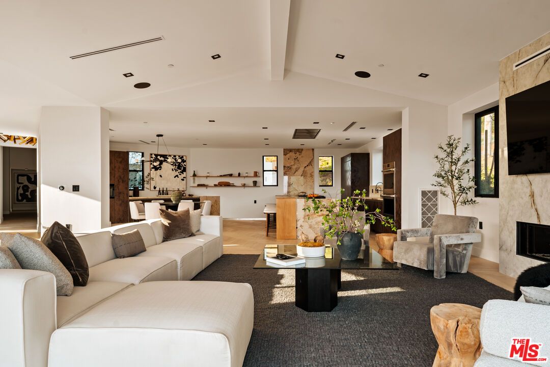 Dining room, Fireplace, Interior, Kitchen, Living room, Pendant Lights, Recessed Lighting, Wood Texture Flooring