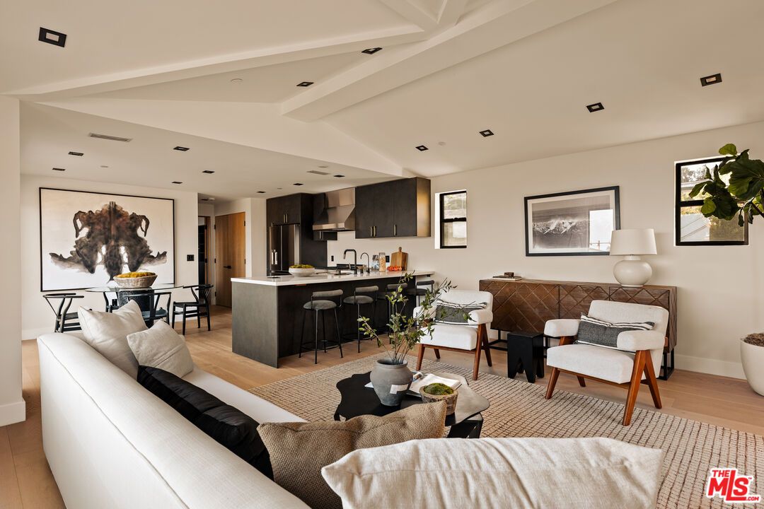 Dining room, Interior, Kitchen, Living room, Recessed Lighting, Stainless Steel Appliances, Wood Texture Flooring