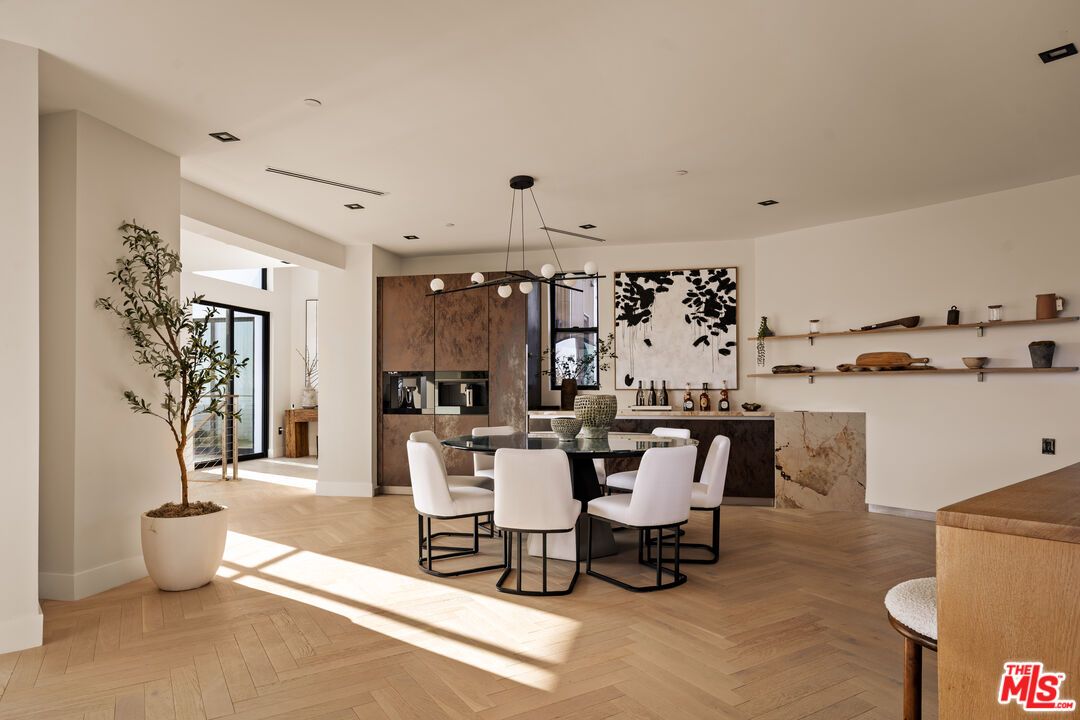 Dining room, Interior, Pendant Lights, Recessed Lighting, Wood Texture Flooring