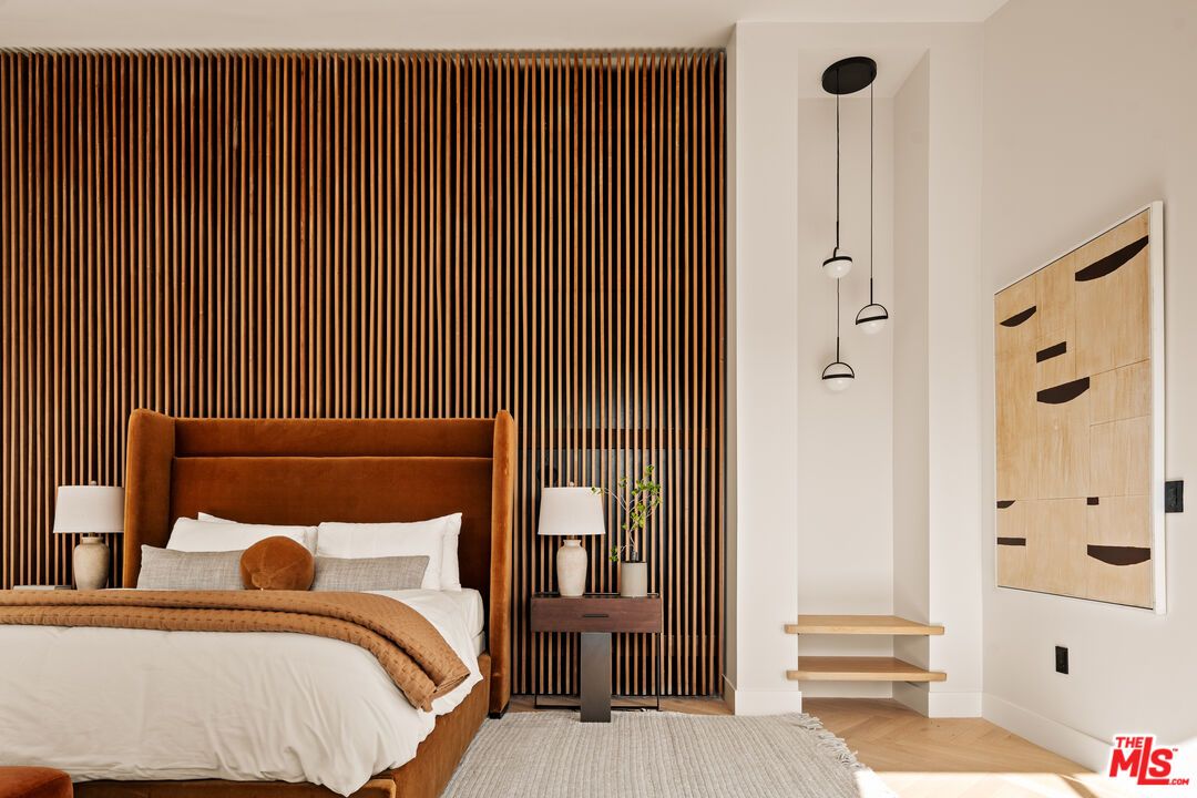 Bedroom, Interior, Pendant Lights, Wood Texture Flooring