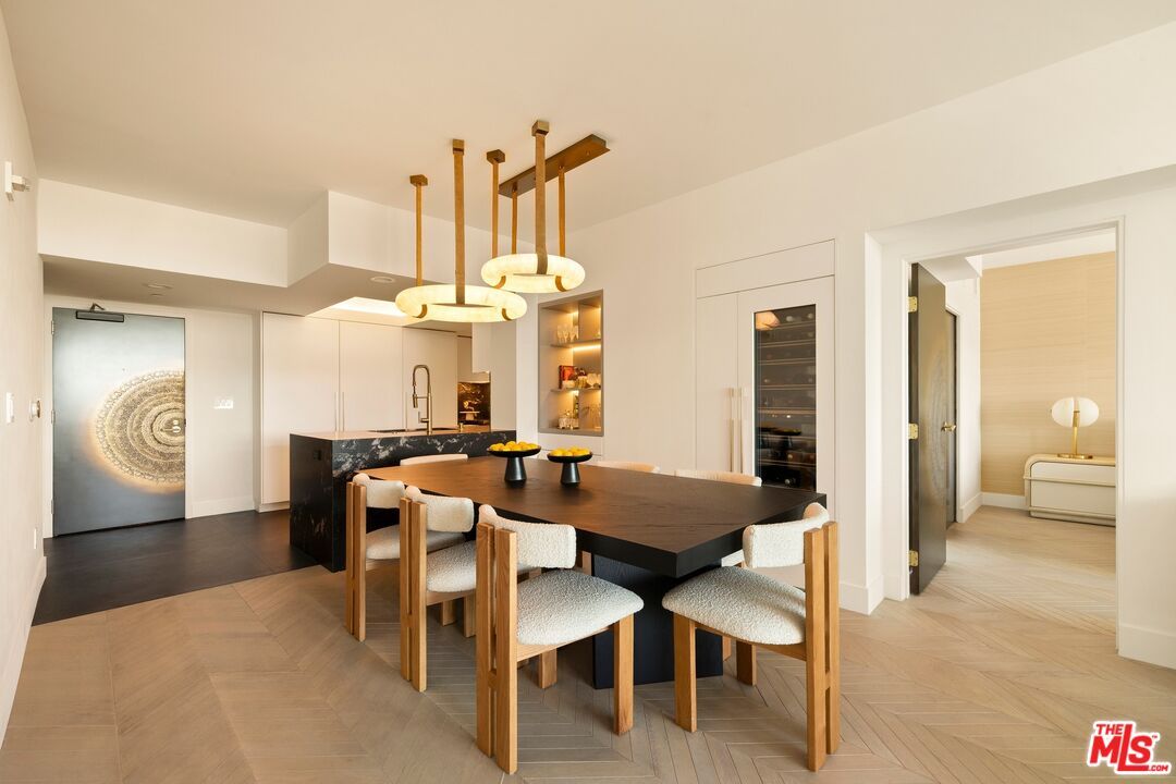Dining room, Interior, Pendant Lights, Wood Texture Flooring