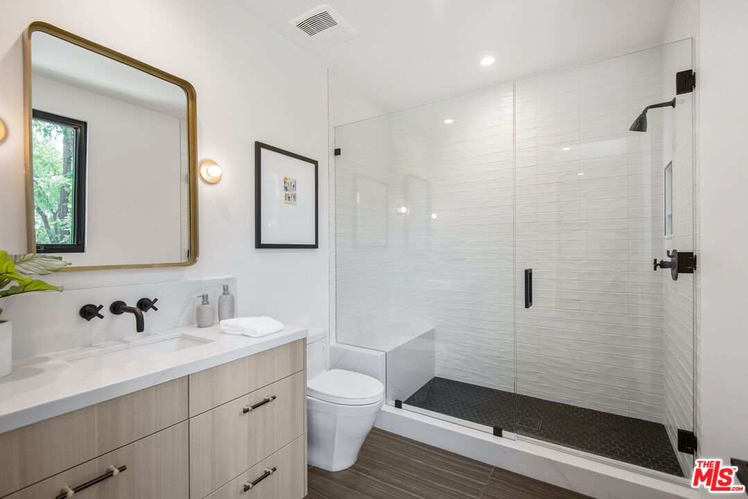 Bathroom, Glass Shower, Interior, Recessed Lighting, Wood Texture Flooring