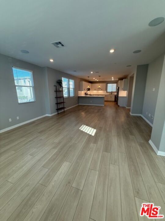 Empty room, Interior, Kitchen, Pendant Lights, Recessed Lighting, Wood Texture Flooring