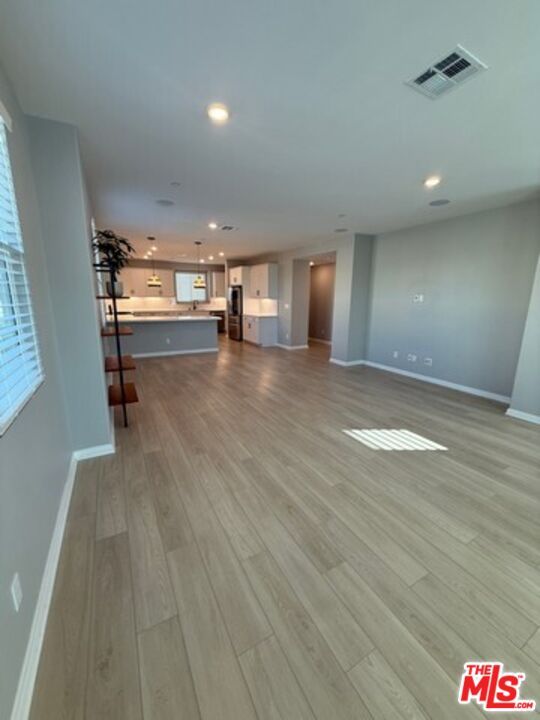 Empty room, Interior, Kitchen, Pendant Lights, Recessed Lighting, Wood Texture Flooring