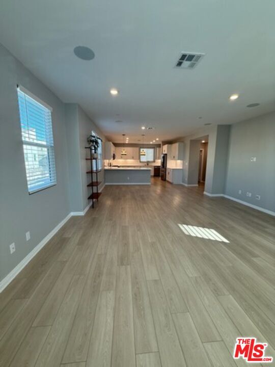 Empty room, Interior, Kitchen, Pendant Lights, Recessed Lighting, Wood Texture Flooring