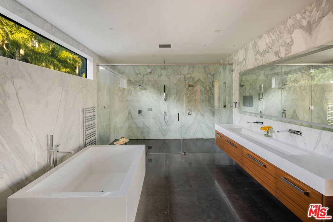 Bathroom, Dual Sink Vanities, Glass Shower, Interior, Marble Walls, Recessed Lighting