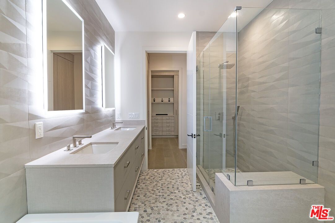 Bathroom, Dual Sink Vanities, Glass Shower, Interior, Recessed Lighting, Wood Texture Flooring