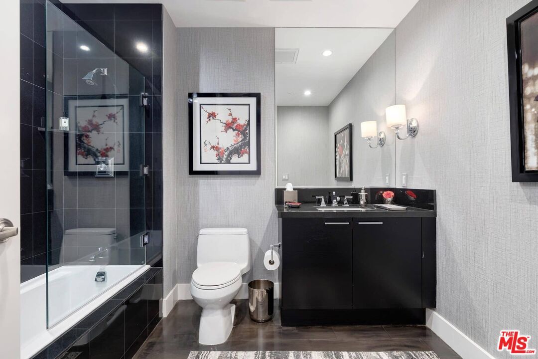 Bathroom, Glass Shower, Interior, Recessed Lighting, Wood Texture Flooring