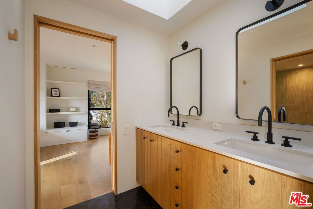 Bathroom, Dual Sink Vanities, Interior, Recessed Lighting, Wood Texture Flooring