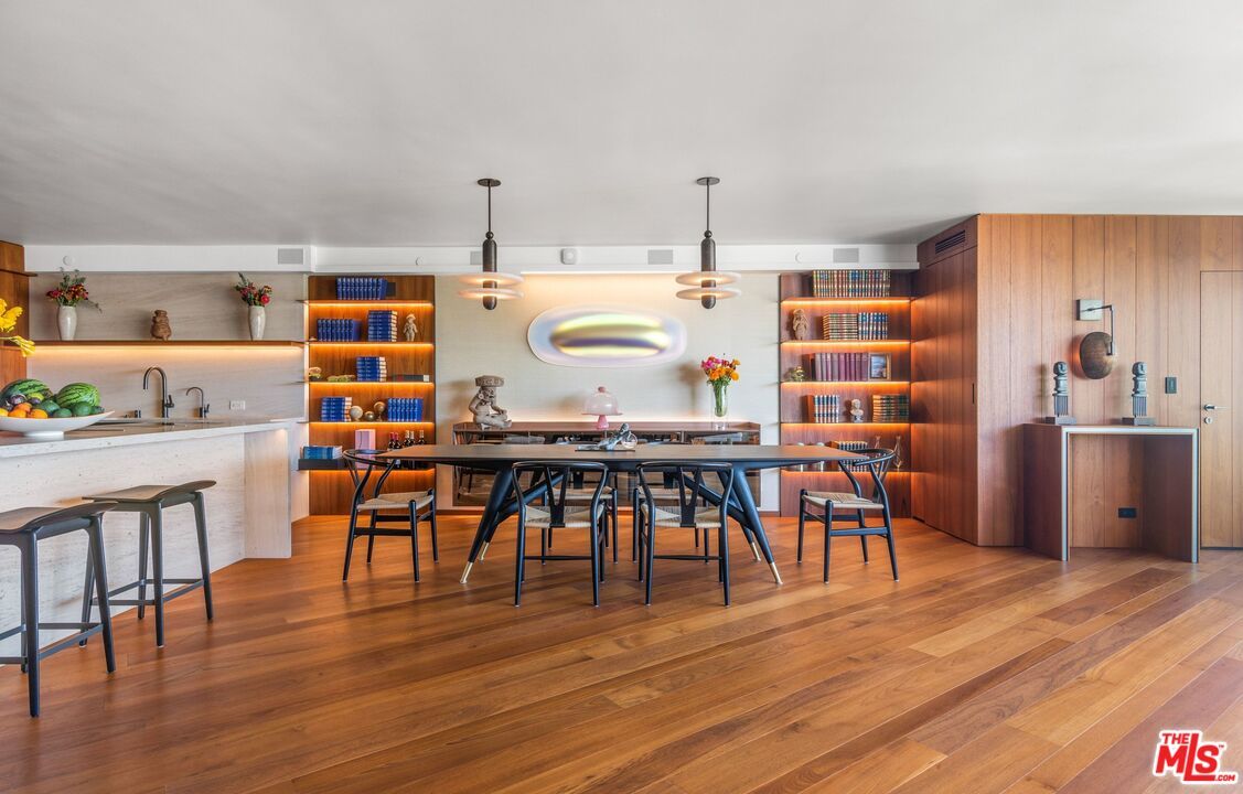 Dining room, Interior, Pendant Lights, Wood Texture Flooring, Wooden Walls