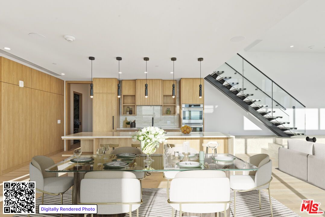 Dining room, Interior, Kitchen, Pendant Lights, Recessed Lighting, Wood Texture Flooring