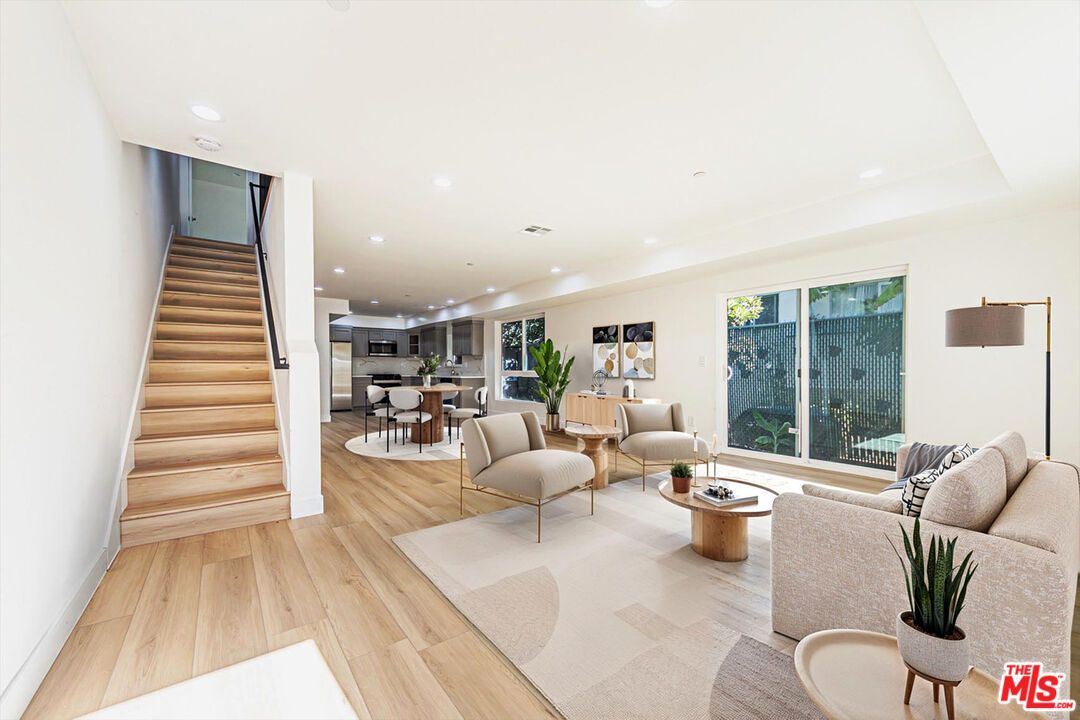 Dining room, Interior, Living room, Recessed Lighting, Wood Texture Flooring