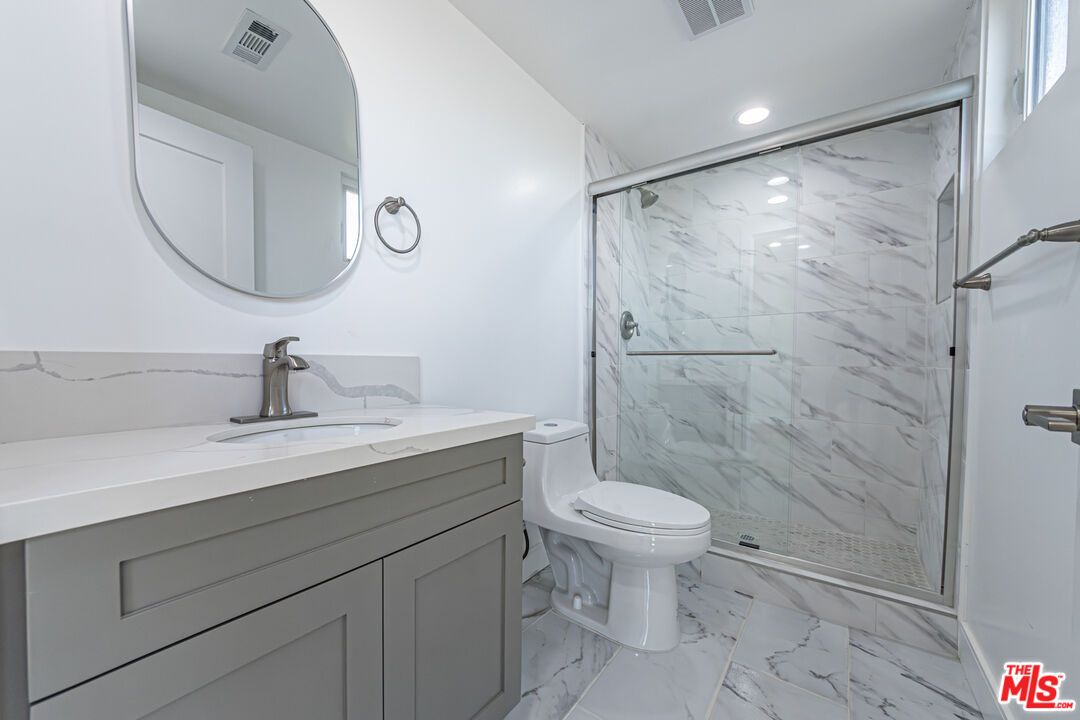 Bathroom, Glass Shower, Interior, Marble, Marble Walls, Recessed Lighting