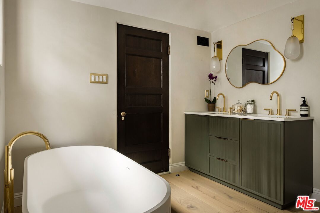 Bathroom, Dual Sink Vanities, Free Standing Baths, Interior, Wood Texture Flooring