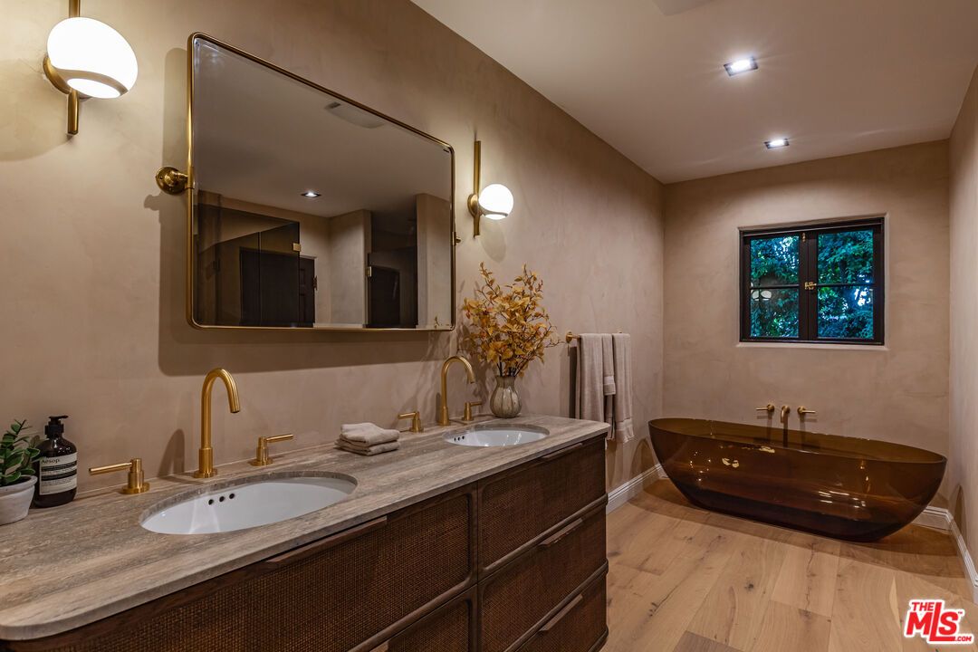 Bathroom, Dual Sink Vanities, Interior, Recessed Lighting, Wood Texture Flooring