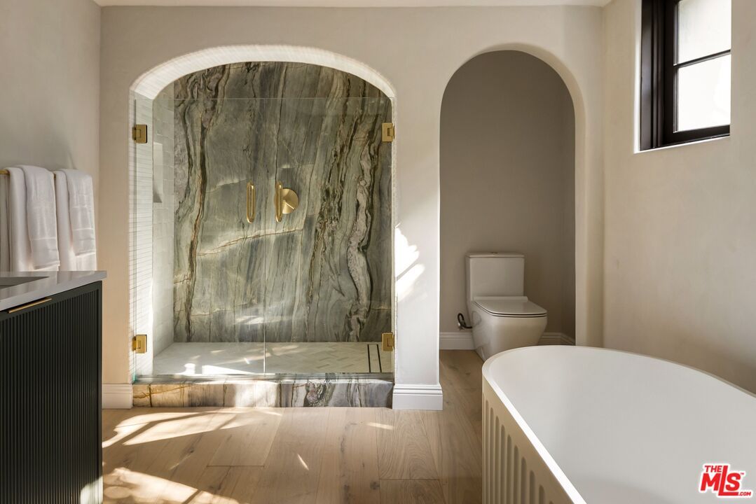 Bathroom, Free Standing Baths, Interior, Marble Walls, Wood Texture Flooring