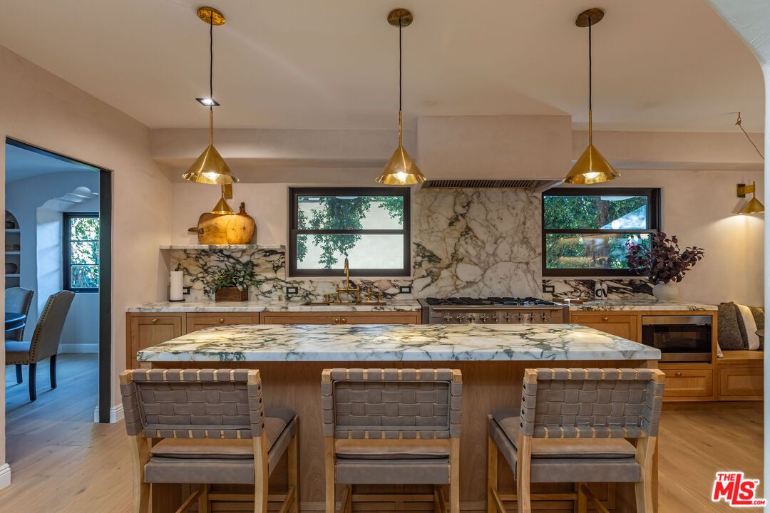 Interior, Kitchen, Marble Walls, Pendant Lights, Recessed Lighting, Wood Texture Flooring