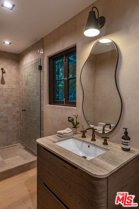 Bathroom, Glass Shower, Interior, Recessed Lighting, Wood Texture Flooring