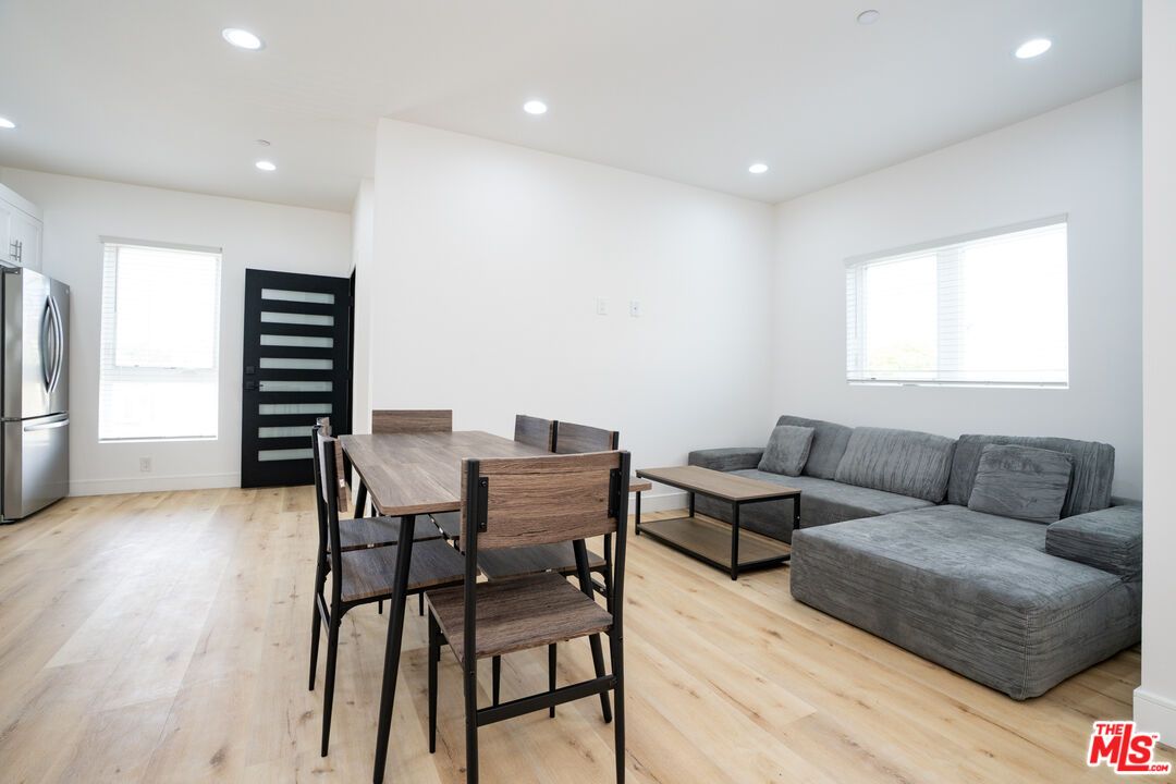 Dining room, Interior, Kitchen, Living room, Recessed Lighting, Wood Texture Flooring