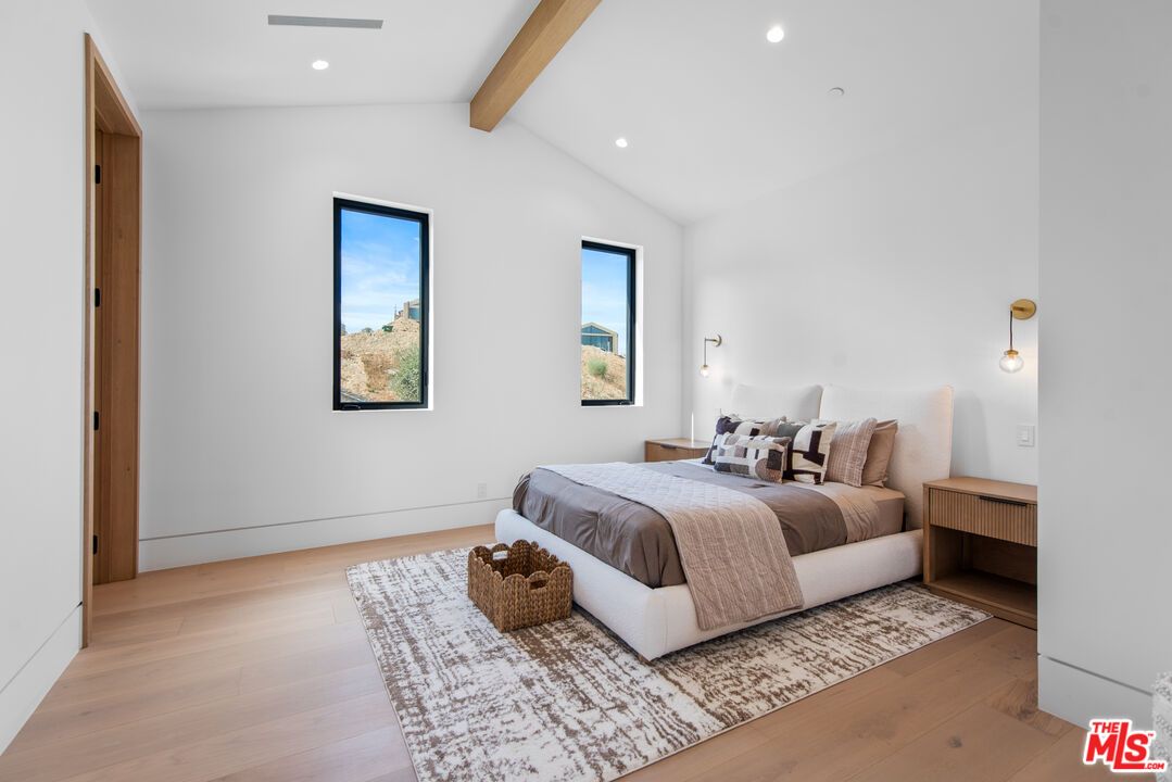 Bedroom, Interior, Recessed Lighting, Wooden Beams, Wood Texture Flooring