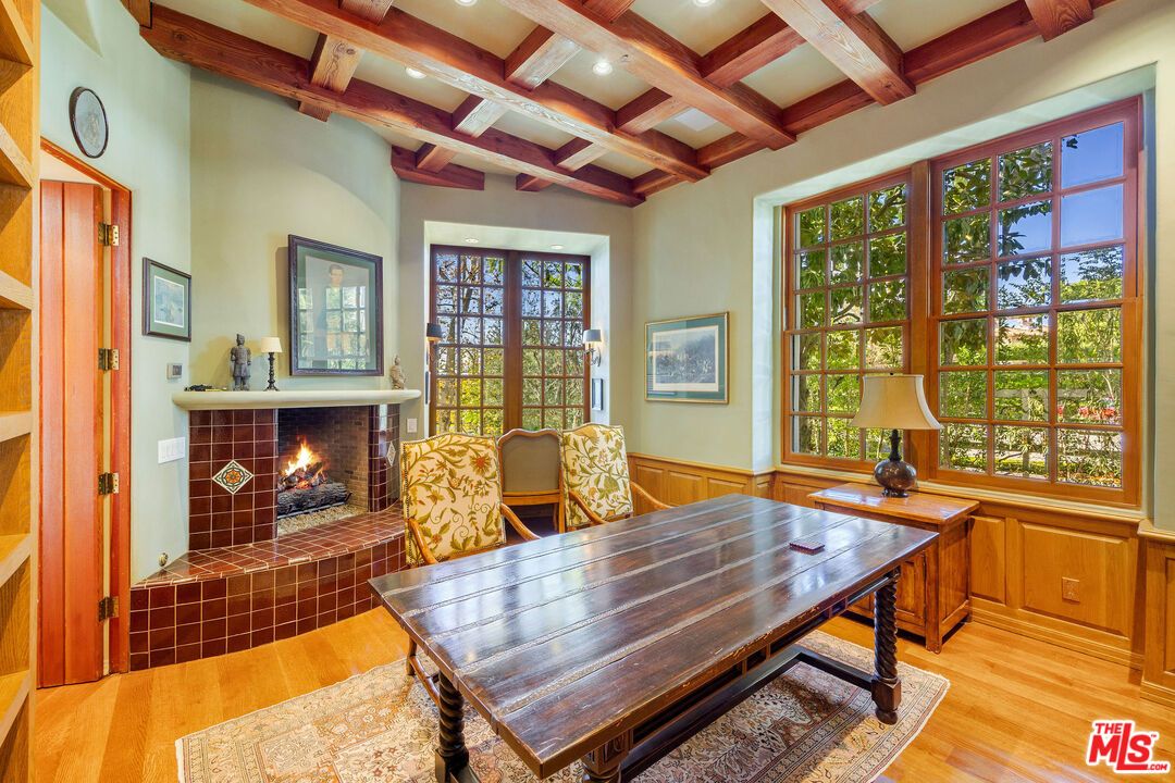 Fireplace, Home Office, Interior, Recessed Lighting, Wooden Beams, Wood Texture Flooring