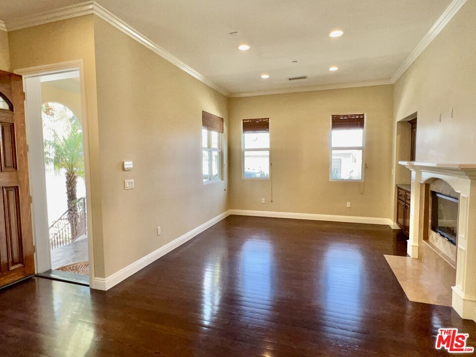 Empty room, Fireplace, Interior, Recessed Lighting, Wood Texture Flooring