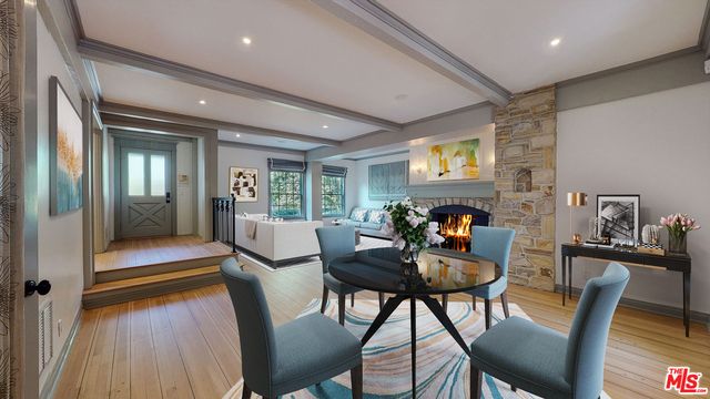 Fireplace, Interior, Living room, Recessed Lighting, Stone Walls, Wood Texture Flooring