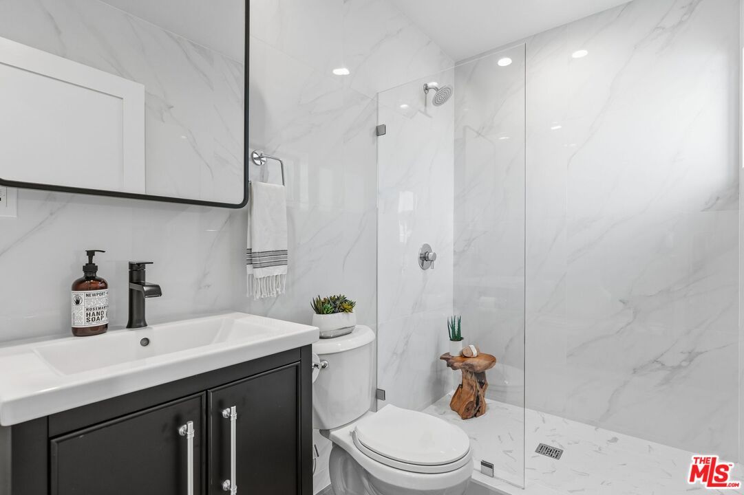 Bathroom, Glass Shower, Interior, Marble Walls, Recessed Lighting