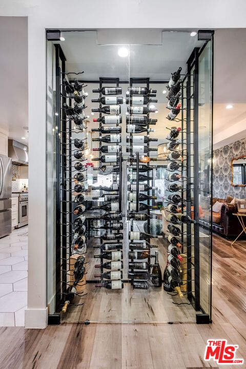 Interior, Recessed Lighting, Stone Walls, Wine Storage, Wood Texture Flooring