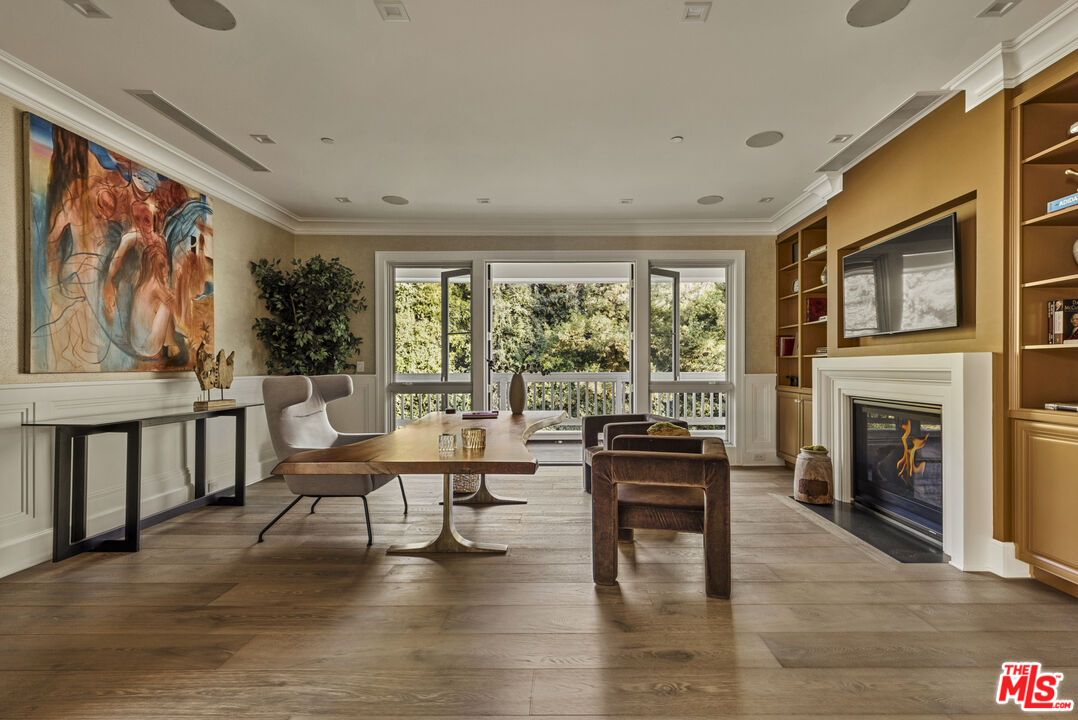 Fireplace, Home Office, Interior, Recessed Lighting, Wood Texture Flooring