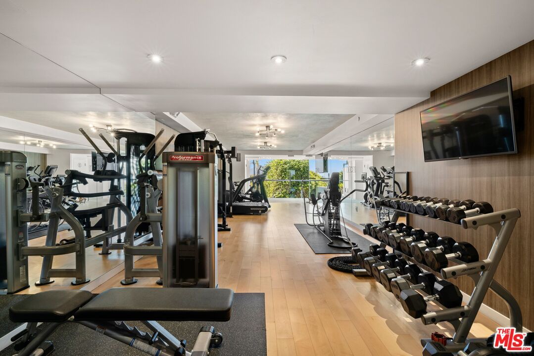 Fitness Equipment, Gym, Interior, Recessed Lighting, Wood Texture Flooring