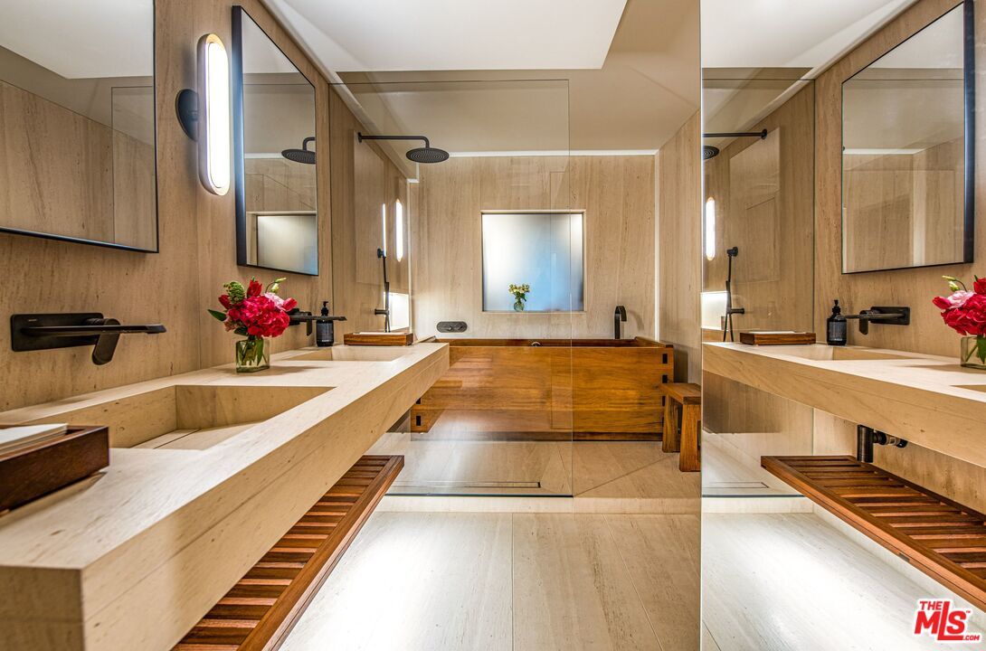 Bathroom, Dual Sink Vanities, Glass Shower, Interior, Wood Texture Flooring