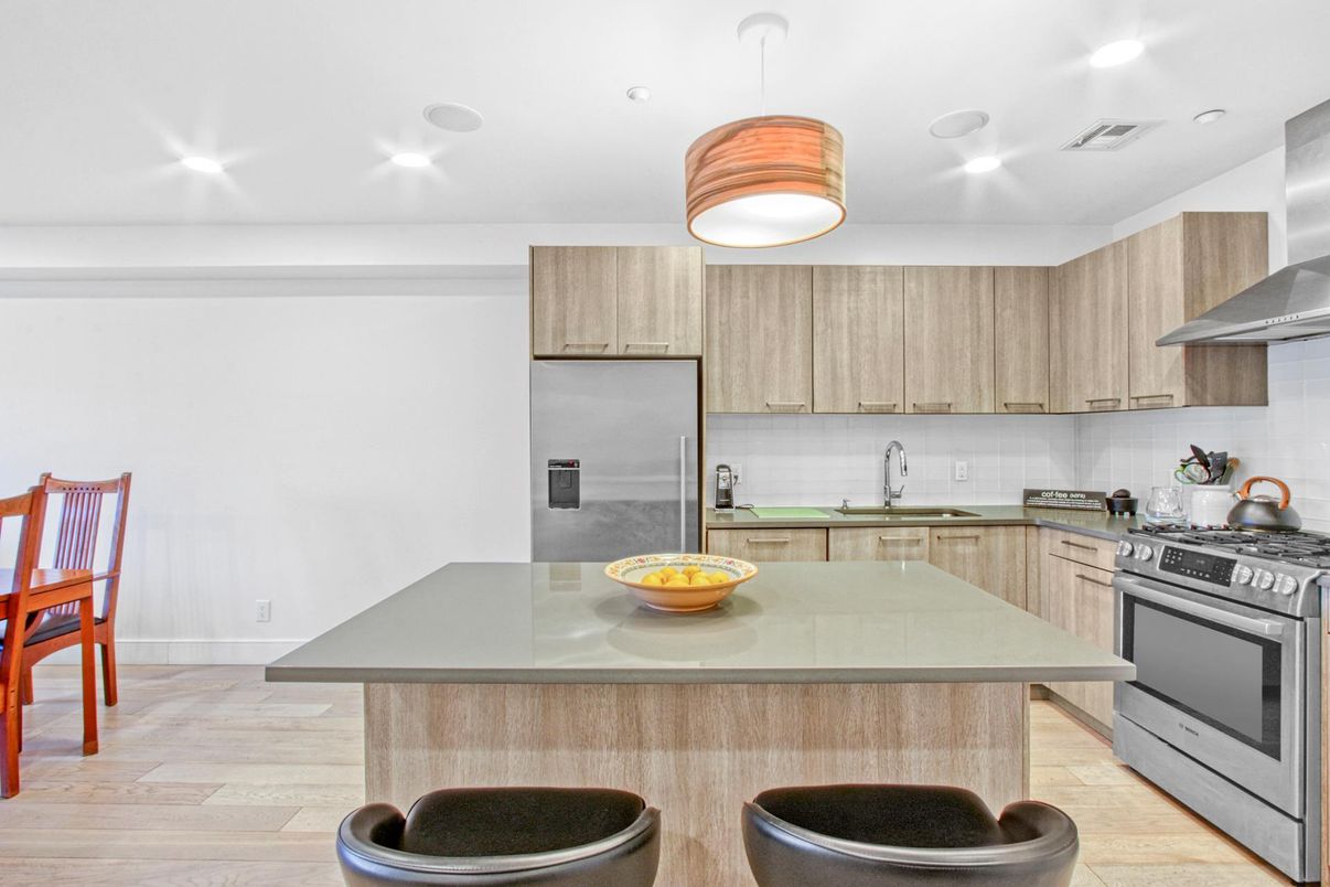 Interior, Kitchen, Pendant Lights, Recessed Lighting, Stainless Steel Appliances, Wood Texture Flooring