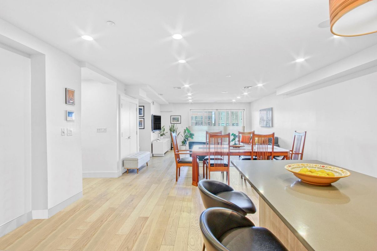 Dining room, Interior, Recessed Lighting, Wood Texture Flooring