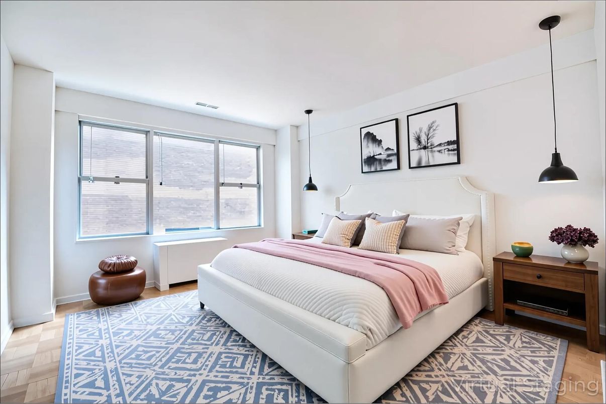 Bedroom, Interior, Pendant Lights, Wood Texture Flooring