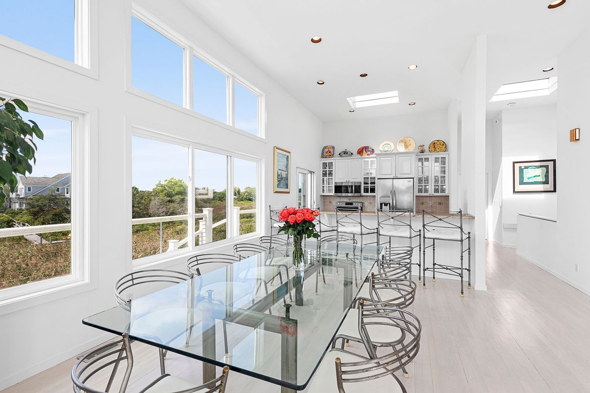 Dining room, Interior, Kitchen, Recessed Lighting, Stainless Steel Appliances, Wood Texture Flooring