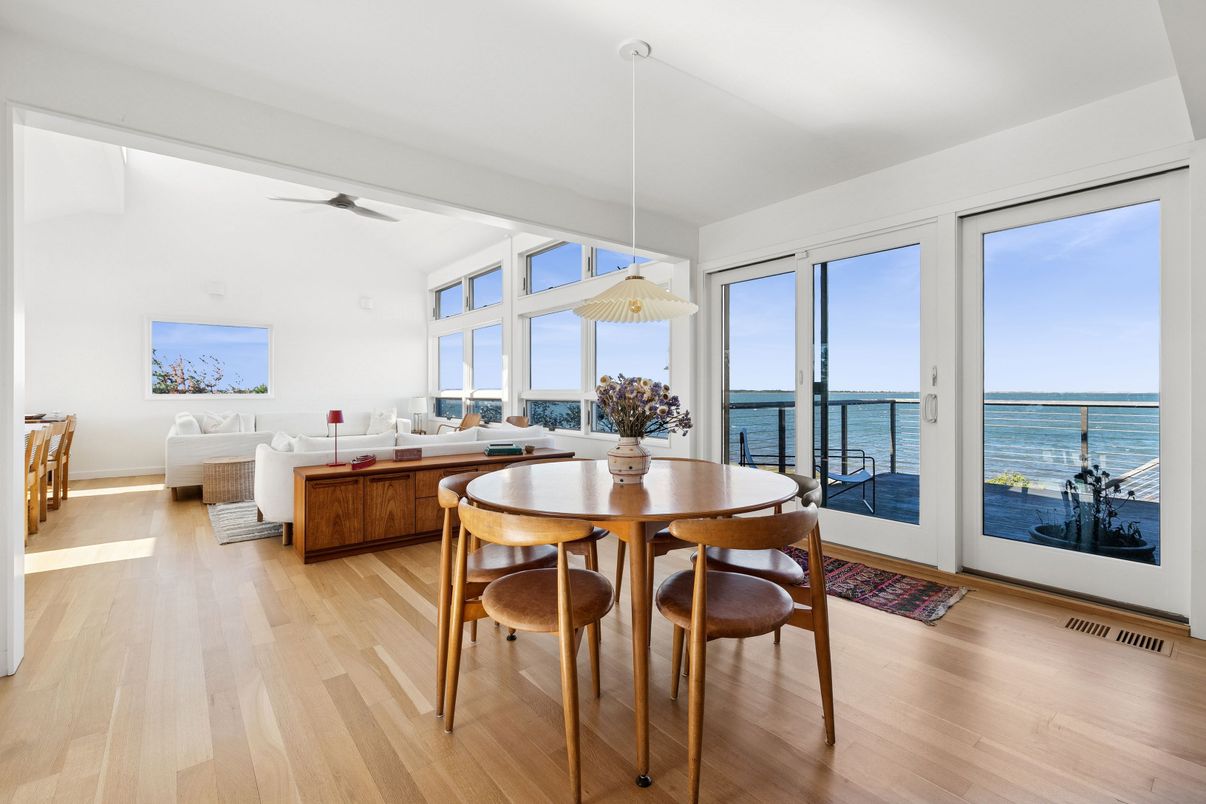 Dining room, Interior, Living room, Pendant Lights, Water, Wood Texture Flooring