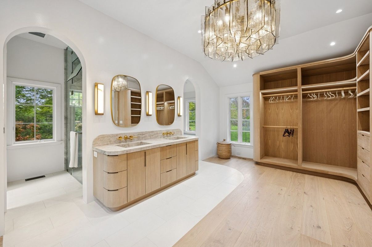 Bathroom, Chandelier, Dual Sink Vanities, Interior, Recessed Lighting, Wood Texture Flooring