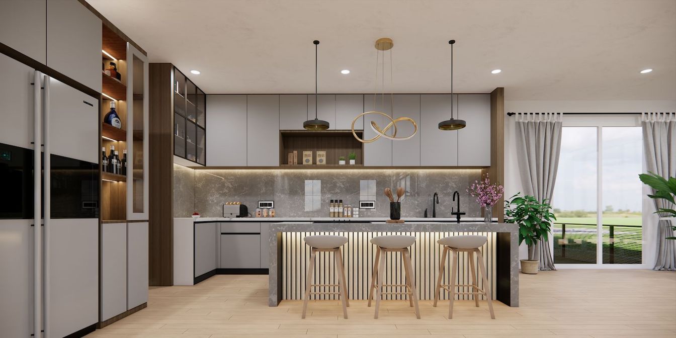 Interior, Kitchen, Pendant Lights, Recessed Lighting, Wood Texture Flooring