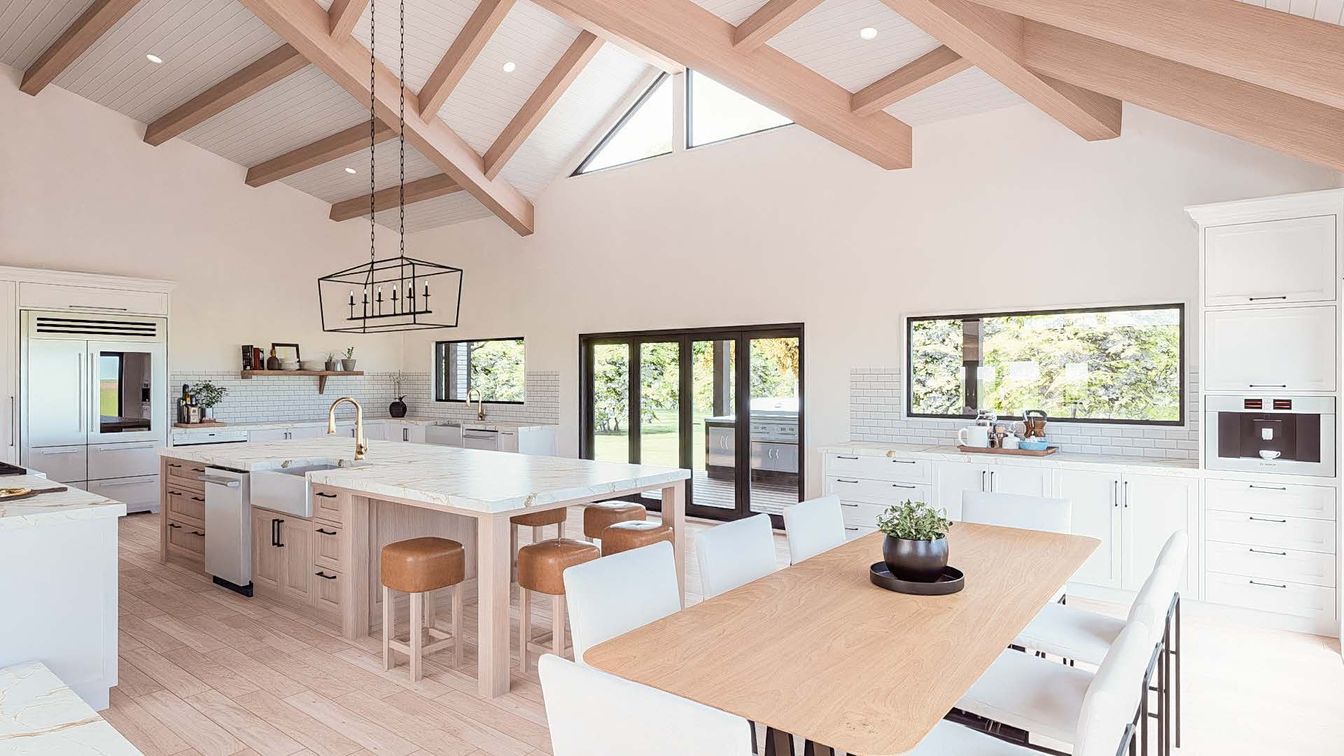 Dining room, Interior, Kitchen, Pendant Lights, Recessed Lighting, Wooden Beams, Wooden Ceilings, Wood Texture Flooring