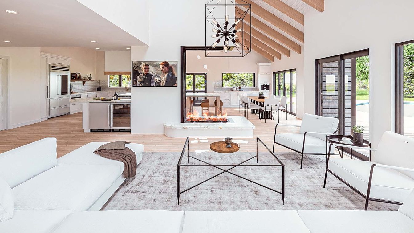 Dining room, Fireplace, Interior, Kitchen, Living room, Pendant Lights, Recessed Lighting, Wooden Beams, Wooden Ceilings, Wood Texture Flooring