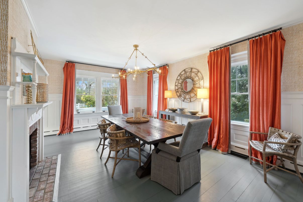 Dining room, Fireplace, Interior, Pendant Lights, Wood Texture Flooring