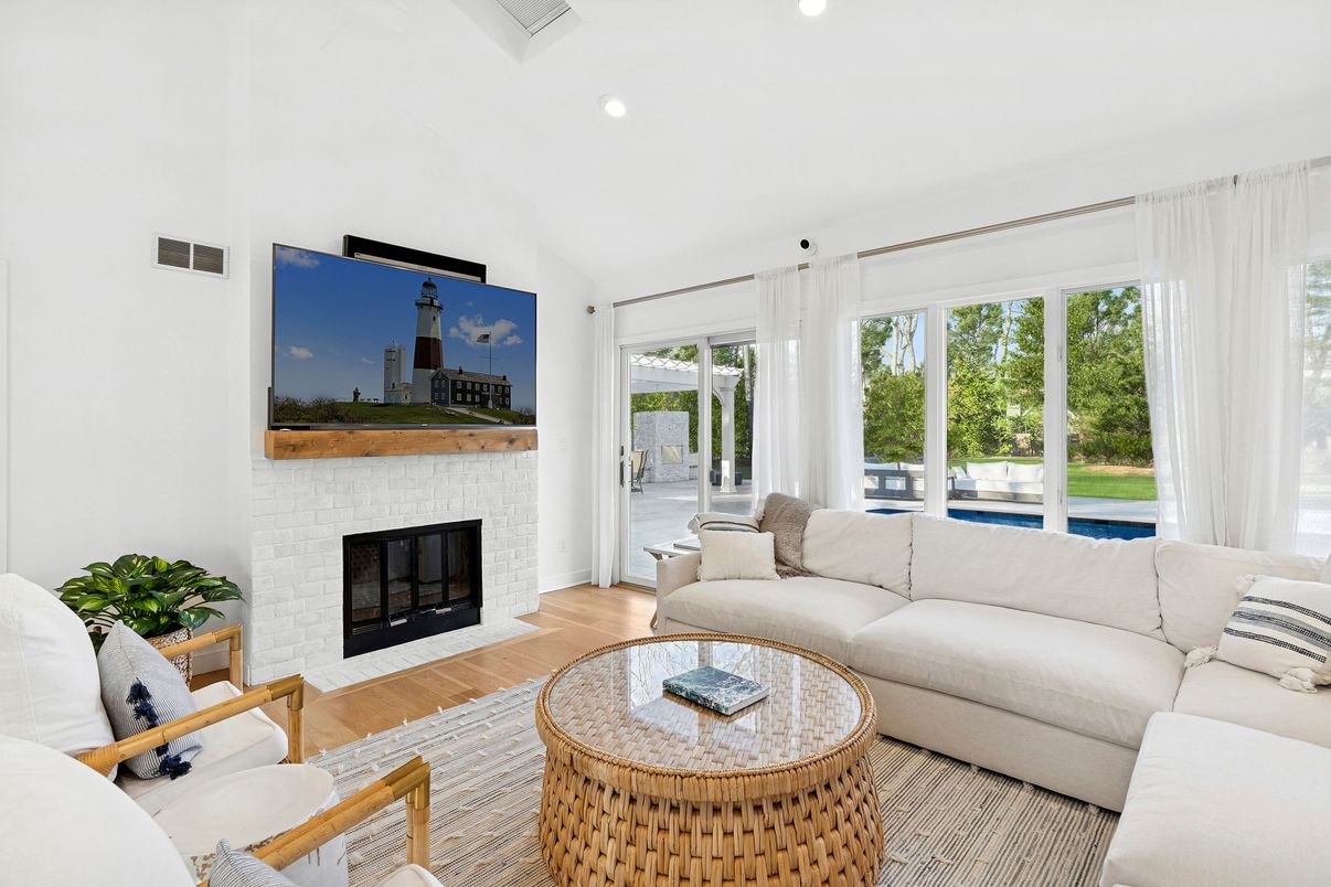 Fireplace, Interior, Living room, Recessed Lighting, Wood Texture Flooring