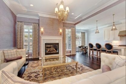 Chandelier, Dining room, Fireplace, Interior, Kitchen, Living room, Pendant Lights, Recessed Lighting, Stainless Steel Appliances, Stone Walls, Wood Texture Flooring