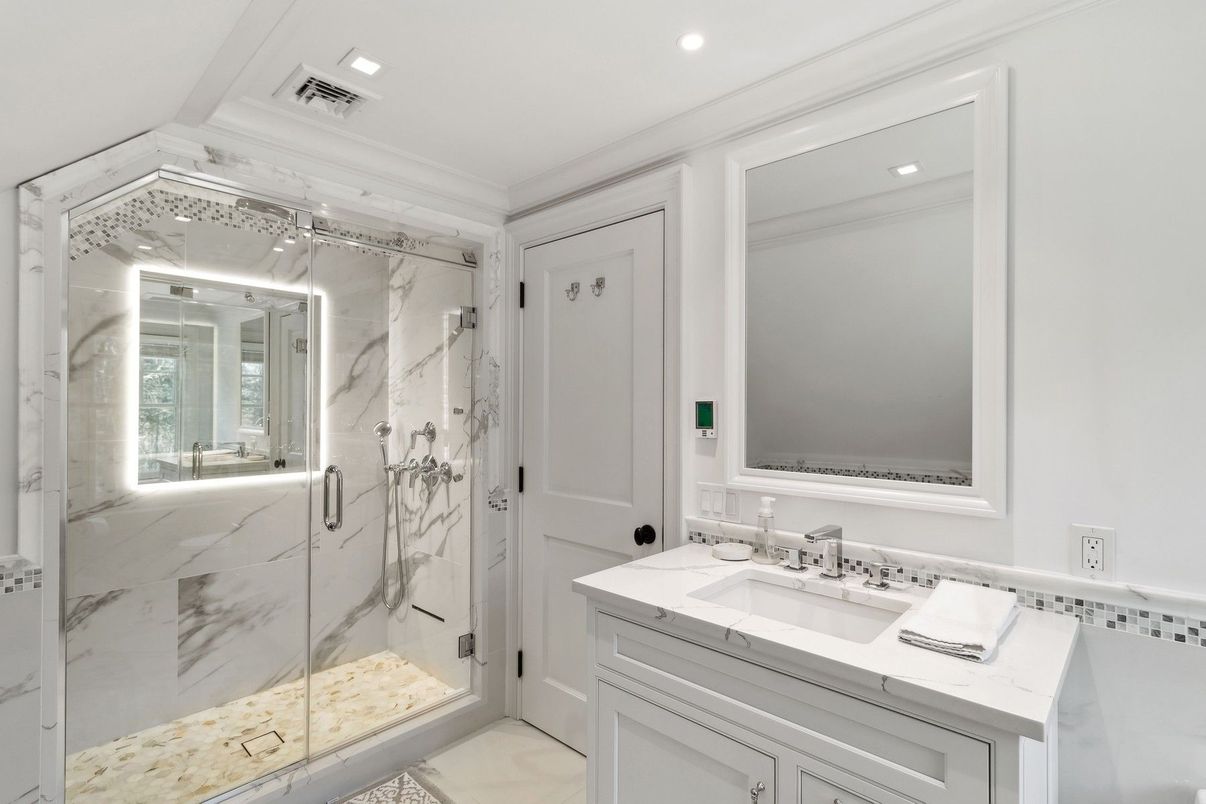 Bathroom, Glass Shower, Interior, Marble Walls, Recessed Lighting
