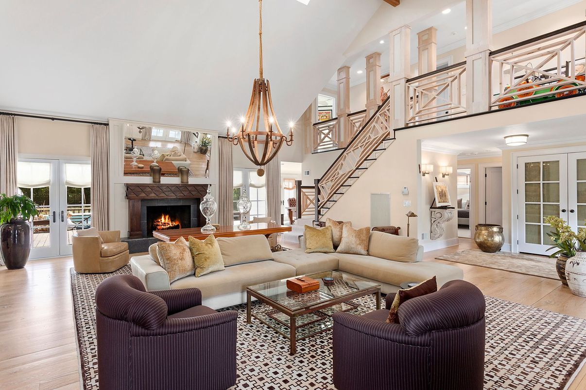 Chandelier, Fireplace, Interior, Living room, Recessed Lighting, Wood Texture Flooring