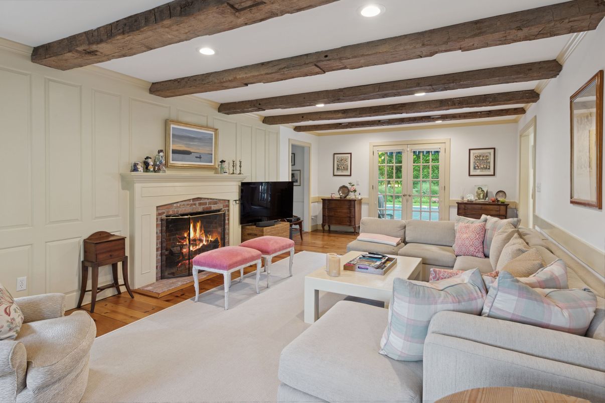 Fireplace, Interior, Living room, Recessed Lighting, Wooden Beams, Wood Texture Flooring