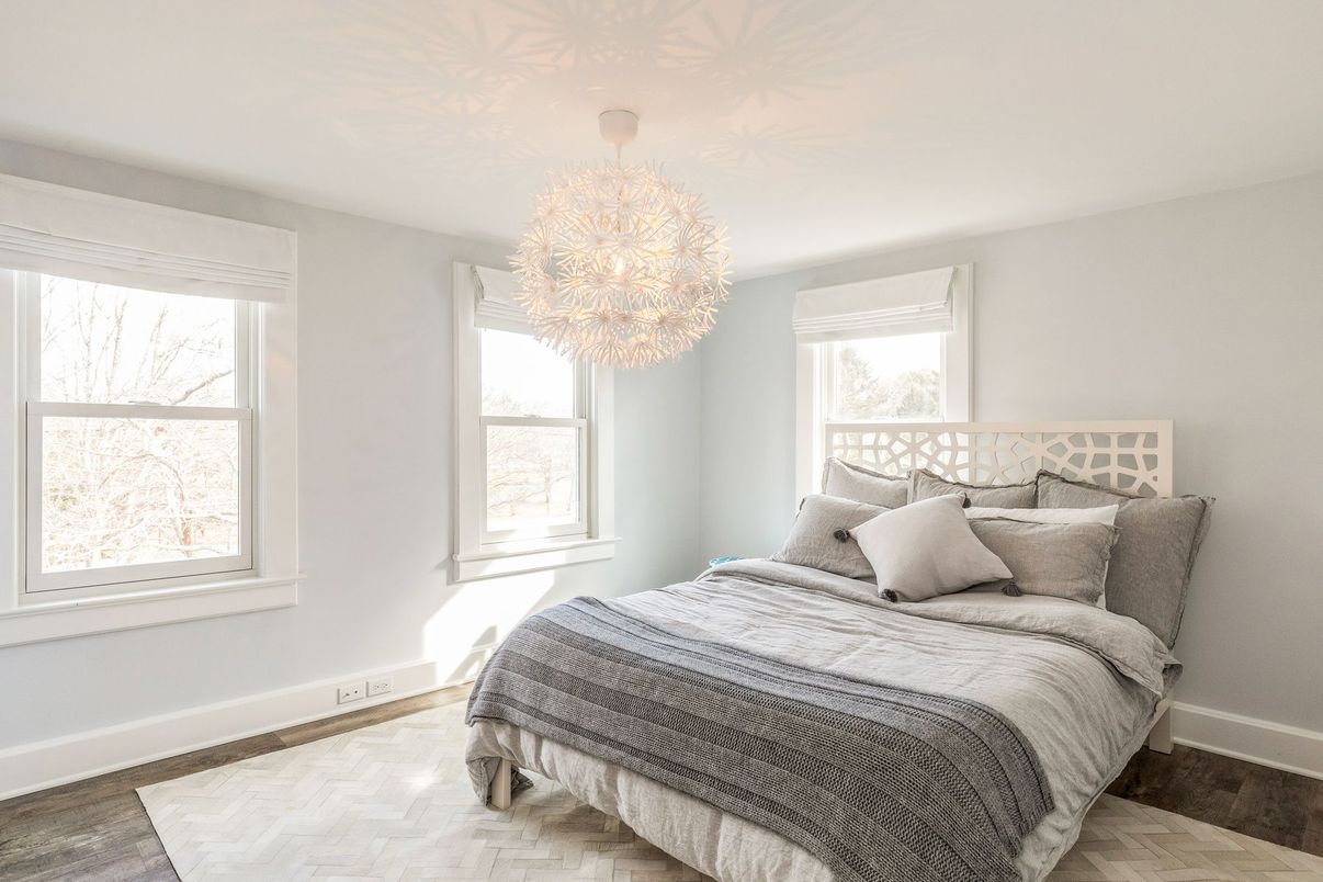 Bedroom, Chandelier, Interior, Wood Texture Flooring