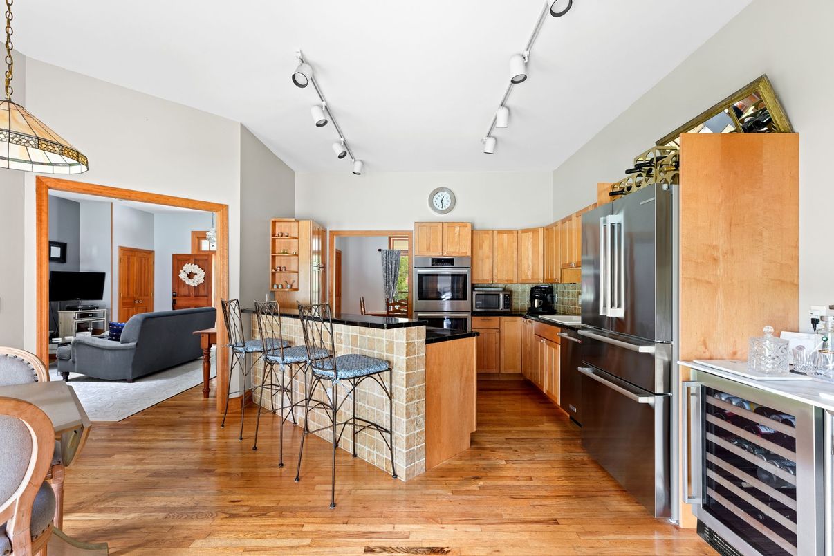 Interior, Kitchen, Living room, Stainless Steel Appliances, Wood Texture Flooring