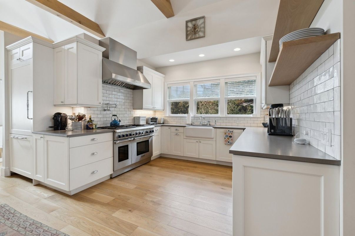 Interior, Kitchen, Recessed Lighting, Stainless Steel Appliances, Wooden Beams, Wood Texture Flooring